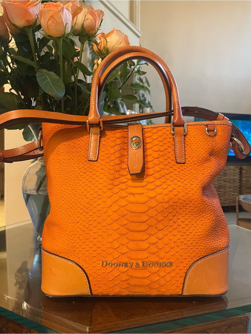 Dooney & Bourke orange gold python embossed leather shoulder bag